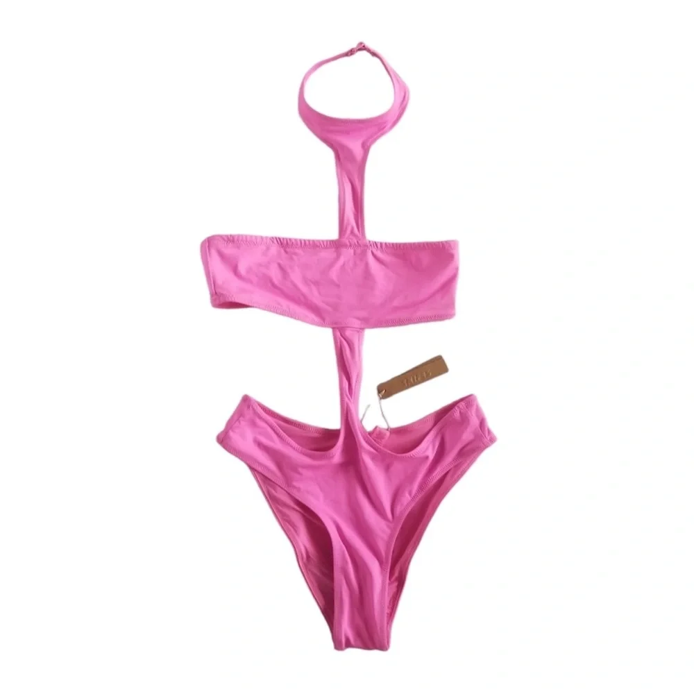 SKIMS NWT MONOKINI PINK CUT OUT HALTER SWIM BIKINI BATHINGSUIT IN TAFFY